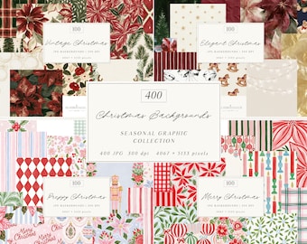 400 Christmas Backgrounds Bundle, Holiday Scrapbook Paper Set,  Floral Botanical Plaid Stripes JPG | Digital Download