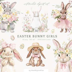 Aquarell Osterhasen Clipart, Bunny Girl PNG, rosa Bunnies Clipart, Frühling Blumen Clipart, Kinderzimmer Clip Art, Ostern digitaler Download
