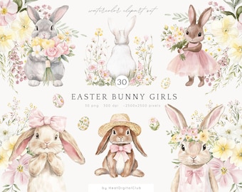 Watercolor Easter Bunnies Clipart, Bunny Girl PNG, Pink Bunnies Clipart, Spring Floral Clipart, Nursery Clip Art, Easter Digital Download