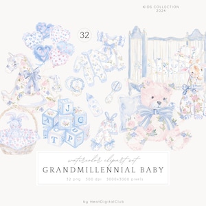 Paquete de imágenes prediseñadas de bebé Grandmillennial en acuarela, imágenes prediseñadas de juguetes de bebé en tonos pastel, conjunto PNG preppy, imágenes prediseñadas de invitación para baby shower, decoración de guardería