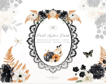 Moody Fall Floral Arrangements, Dark Botanical Elements, Watercolor Clipart (Digital Download)
