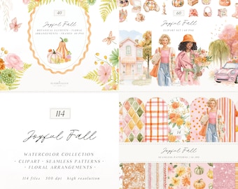 Joyful Fall Watercolor Clipart Collection, Autumn PNG Elements (Digital Download)