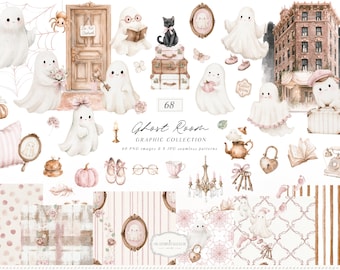 Watercolor Pink Halloween Clipart and Seamless Patterns Bundle, Ghost Room PNG Collection (Digital Download)