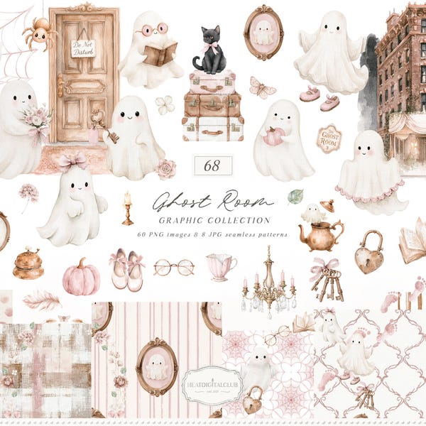 Watercolor Pink Halloween Clipart and Seamless Patterns Bundle, Ghost Room PNG Collection (Digital Download)