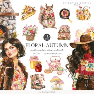 Aquarel bloemen herfst clipartbundel, herfst ClipArt PNG, kleurrijke gezellige herfstafbeeldingen, Cottagecore, pompoen, digitale download, commercieel gebruik