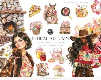 Watercolor Floral Autumn Clipart Bundle, Fall ClipArt PNG, Colorful Cozy Fall Images, Cottagecore, Pumpkin, Digital Download, Commercial Use