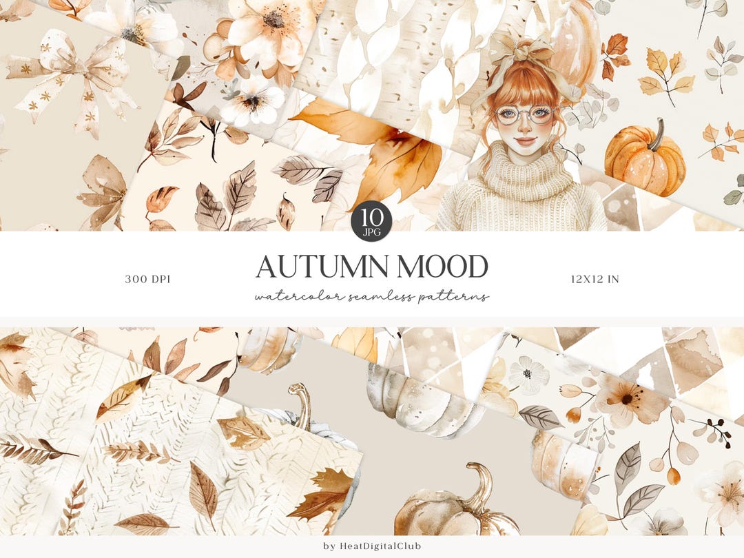 Watercolor Autumn Mood Seamless Patterns, Cozy Neutral Fall Pattern ...