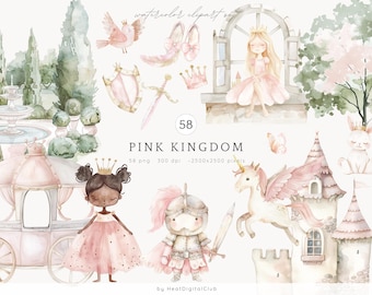 Aquarel roze koninkrijk clipart, roze prinsessen png, schattige prinses illustraties, koninklijke clipart, eenhoorn clipart, pony, clipart voor meisjes, kinderen