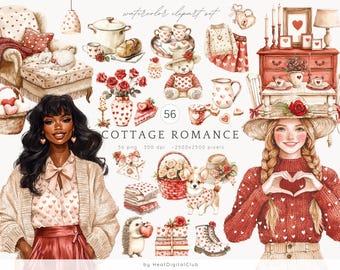 Puede incluir: Conjunto de imágenes prediseñadas de acuarela titulado "Cottage Romance" con varias ilustraciones. Incluye un sillón, un oso de peluche, rosas, tazas de té y una mujer formando un corazón con sus manos. El conjunto tiene 56 imágenes PNG a 300 ppp, 2500x2500 píxeles.