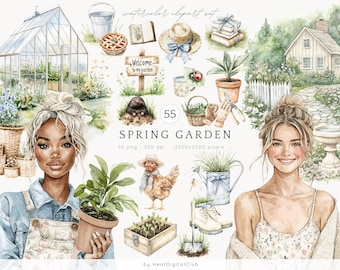 Watercolor Spring Garden Clipart, Cottage Spring Summer Garden, Cozy Springtime PNG, Floral PNG, Digital Stickers, Scrabook, Commercial Use