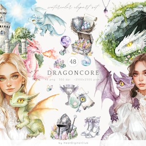 Clipart di Dragoncore ad acquerello, Clip art fantasy, PNG di drago ad acquerello, Immagini di draghi magici, Fiaba, Download digitale di Cottagecore