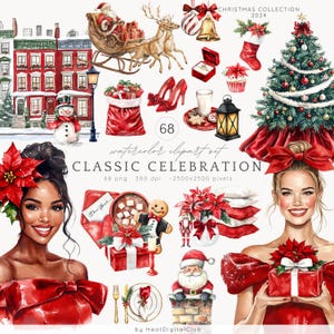 Aquarelle classique Noël Clipart, clipart Noël, vacances festives PNG, clipart vacances cosy, Images de Noël, téléchargement numérique