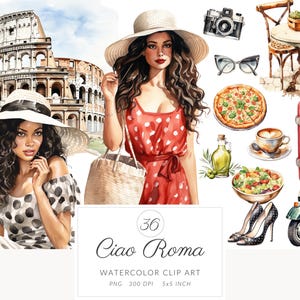 Watercolor Ciao Roma Clipart Bundle, Rome PNG, Italy Clip Art, Italian pizza Colosseum Fashion  llustrations Instant Download Commercial Use