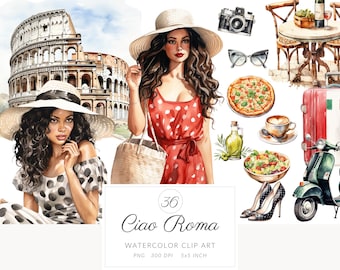 May include: Watercolor clip art set featuring a woman in a red polka dot dress, a woman in a black and white polka dot dress, a scooter, a pizza, a salad, a cup of coffee, a suitcase, a camera, sunglasses, olive oil, and a table with chairs. The set includes 36 elements and is 5x5 inches.