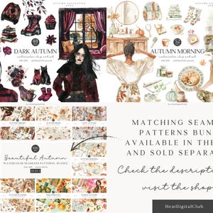 May include: Watercolor clip art sets and seamless patterns bundle with an autumn theme. The image features illustrations of fall-themed items, including a dark-haired woman, boots, and a window scene. The text reads "DARK AUTUMN" and "AUTUMN MORNING".