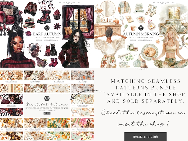 May include: Watercolor clip art sets and seamless patterns bundle with an autumn theme. The image features illustrations of fall-themed items, including a dark-haired woman, boots, and a window scene. The text reads "DARK AUTUMN" and "AUTUMN MORNING".