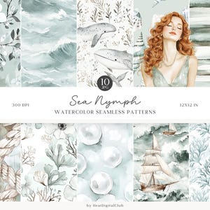 May include: Sea Nymph Watercolor Seamless Patterns - 10 digital paper designs featuring a variety of sea-themed illustrations, including seashells, coral, waves, and a mermaid. The patterns are perfect for creating digital or printed projects.