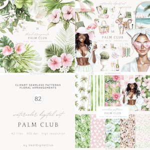 Clipart de Palm Club en acuarela, Vacaciones en Palm Beach, PNG de Miami, Clipart de vacaciones de verano, Estética americana, Resort tropical, Descarga digital