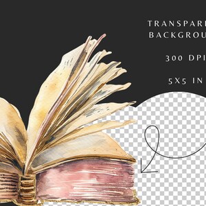 May include: A watercolor painting of an open book with pages fanned out. The book is painted in shades of brown, gold, and pink. The pages are curled and have a vintage look. The book is isolated on a transparent background.