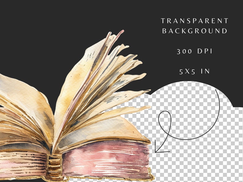 May include: A watercolor painting of an open book with pages fanned out. The book is painted in shades of brown, gold, and pink. The pages are curled and have a vintage look. The book is isolated on a transparent background.