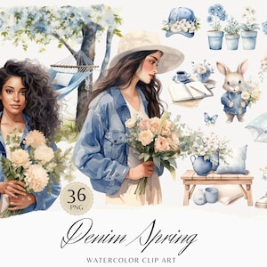 Clipart printanier en denim aquarelle, clipart printanier douillet, graphiques floraux, printemps mignon, fleurs, saison, fille aquarelle, autocollants numériques