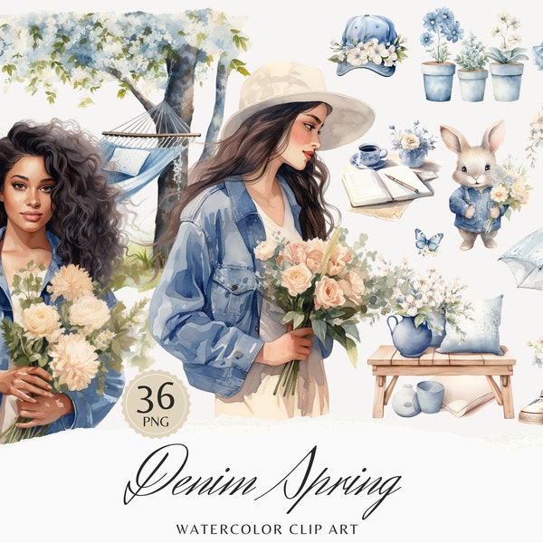 Watercolor Denim  Spring Clipart, Cozy Spring Clip Art, Floral graphics, Cute Spring, flowers, seasonal, watercolor girl, digital stickers