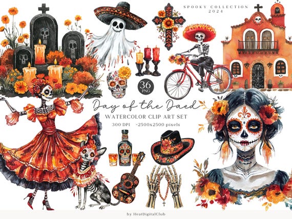 Watercolor Day of the Dead Clipart, Sugar Skull PNG (Digital Download)