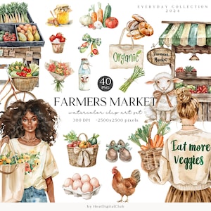 Aquarelle Farmers Market Clipart, Clipart de légumes frais, clipart végétarien, étal de ferme, filles de mode, baril PNG, téléchargement numérique