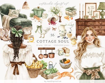 Watercolor Cottage Soul Clipart, Cottagecore Clip Art, Rustic ClipArt, Planner Stickers, Vintage PNG, Digital Download, Commercial Use