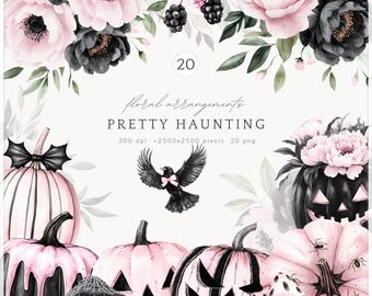 Watercolor Halloween Floral Clipart, Pink & Black Gothic Pumpkins (Digital Download)