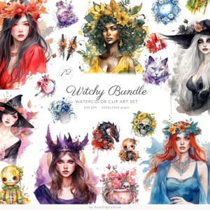 72 objets sorcières aquarelle clipart, clipart sorcière png, clipart magique, clipart mystique, clipart sorcellerie png, png païen, png mystique