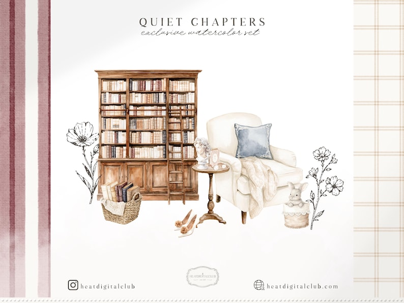 Op de afbeelding: Waterverfillustratie van een gezellige leeshoek. Met een grote houten boekenkast, een comfortabele fauteuil met een blauw kussen en een kleine bijzettafel. De tekst "QUIET CHAPTERS exclusive watercolor set" staat bovenaan.