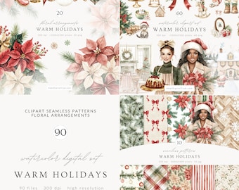 May include: A digital art set with a Christmas theme. The image features watercolor illustrations of poinsettias, ornaments, and festive scenes. Text includes "Warm Holidays," "Floral Arrangements," and "Clipart Seamless Patterns."