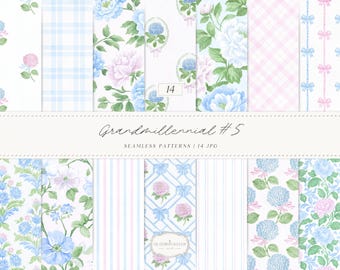 Watercolor Grandmillennial Set 5 Seamless Patterns, Pastel Floral JPEG, Stripes, Plaid, Pink and Blue Digital Repeating pattern, Digital