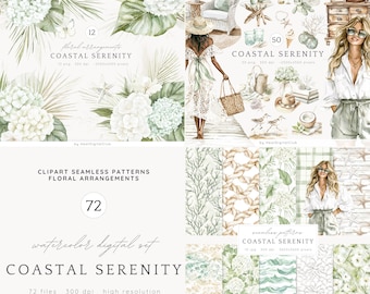 Watercolor Coastal Clipart Bundle, PNG Beach Graphics (Digital Download)