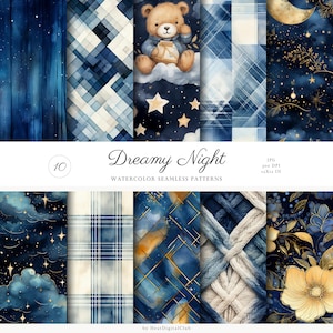 10 patrones de acuarela sin costuras de noche de ensueño, cielo estrellado, osito de peluche, descarga digital JPEG, papel digital con patrones repetidos, papel para álbum de recortes
