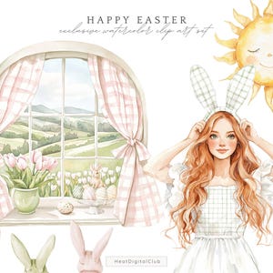 May include: A watercolor illustration of a girl wearing a white dress and bunny ears. She is holding the ears with her hands. The background features a window with a view of a green field and a pink and white checkered curtain. The text "HAPPY EASTER" is written in black at the top of the image. The text "exclusive watercolor clip art set" is written in black below the text "HAPPY EASTER".