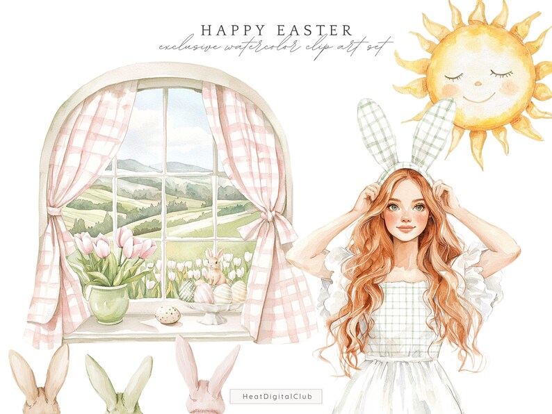 May include: A watercolor illustration of a girl wearing a white dress and bunny ears. She is holding the ears with her hands. The background features a window with a view of a green field and a pink and white checkered curtain. The text "HAPPY EASTER" is written in black at the top of the image. The text "exclusive watercolor clip art set" is written in black below the text "HAPPY EASTER".