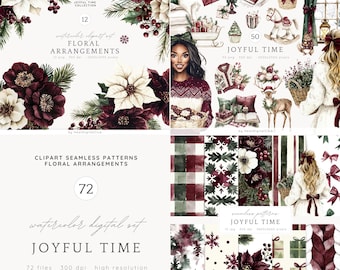 May include: A digital art set with watercolour floral arrangements and seamless patterns in burgundy, white, and green. The image includes the text "JOYFUL TIME" and "Floral Arrangements".