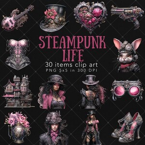 May include: A set of 30 steampunk-themed clip art images, featuring a variety of elements including a heart-shaped gear, a rabbit wearing goggles, a corset, a house, a guitar, a pair of goggles, a pair of shoes, and several characters wearing hats and goggles. The images are in PNG format and are 5x5 inches at 300 DPI.