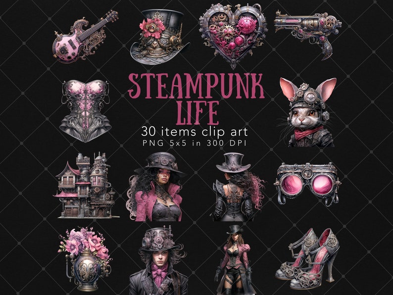 May include: A set of 30 steampunk-themed clip art images, featuring a variety of elements including a heart-shaped gear, a rabbit wearing goggles, a corset, a house, a guitar, a pair of goggles, a pair of shoes, and several characters wearing hats and goggles. The images are in PNG format and are 5x5 inches at 300 DPI.