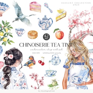Bundle de cliparts aquarelle chinoiseries tea time, clipart tea party, thé de l'après-midi PNG, images de service à thé toile, tasses à thé, téléchargement numérique