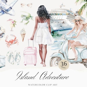 Paquete de imágenes prediseñadas de aventura en la isla de acuarela, imágenes prediseñadas PNG de playa, viajes, ilustraciones de moda de vacaciones de verano Descarga instantánea de uso comercial