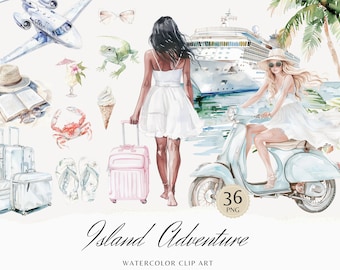Può includere: Set di clip art ad acquerello con 36 immagini a tema viaggi e vacanze. Il set include una nave da crociera, uno scooter, bagagli, un granchio, una bevanda tropicale, una palma, occhiali da sole, infradito, gelato, un libro, un cappello e due donne con abiti bianchi.