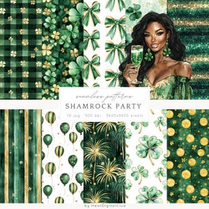 Watercolor St. Patrick&#39;s Day Seamless Patterns, Floral Pattern JPEG, Shamrock Digital Download, Green Repeating pattern, Scrapbook Paper