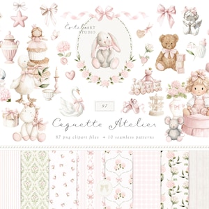 May include: A digital collection of watercolour illustrations featuring a rocking horse, teddy bear, swan, bunny, doll, and various baby-themed items in soft pink tones. The text reads Estelaart Studio, 97, and Coquette Atelier, 87 png clipart files + 10 seamless patterns.