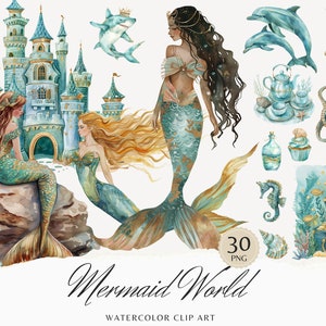 Aquarelle sirène monde Clipart, clipart sirène, mignons animaux marins PNG, méduses, hippocampe PNG Bundle, usage commercial, stickers numériques