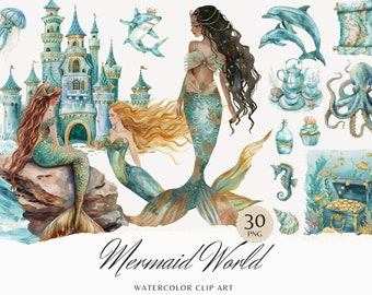 Aquarell Mermaid World Clipart, Meerjungfrau Clip Art, süße Meerestiere PNG, Qualle, Seepferdchen PNG Bundle, kommerzielle Nutzung, digitale Aufkleber