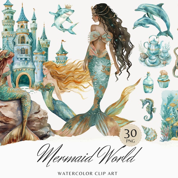 Aquarell Mermaid World Clipart, Meerjungfrau Clip Art, süße Meerestiere PNG, Qualle, Seepferdchen PNG Bundle, kommerzielle Nutzung, digitale Aufkleber