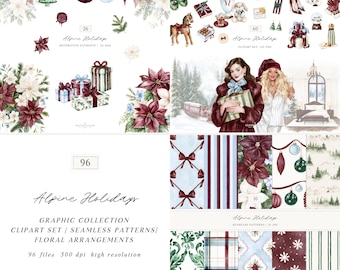 Watercolor Christmas Clipart Bundle, Alpine Holidays Luxury Winter Hotel PNG Collection (Digital Download)